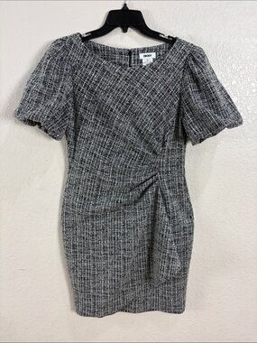 DKNY Black and White Tweed Sheath Dress with Side Ruched Detail,Size 12